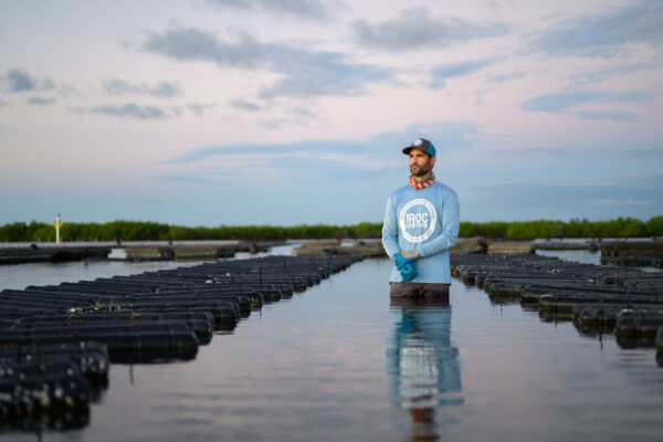 Photo by Jason Gulley/Wildpath. Ryan Norris, one of the founders of the Indian River Oyster Company in New Smyrna Beach, Fla., stands between rows of floating oyster bags in his Indian River Lagoon farm.