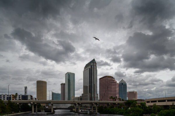 Photo by Jason Gulley/Wildpath. A storm band from Hurricane Helene passes over downtown Tampa, Fla. on September 26, 2024.