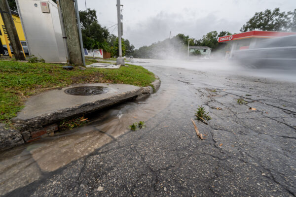 Photo by Jason Gulley/Wildpath. Runoff from a city street in Tampa, Fla. flows into a storm drain during Hurricane Helene.