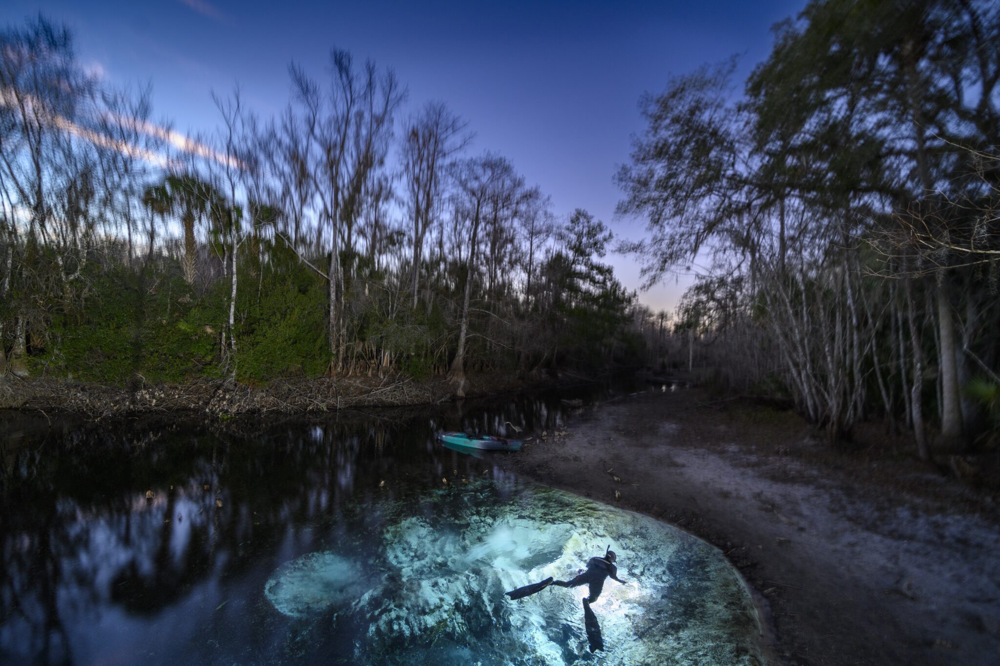 A snorkeler explores the depths of Cannon Spring, one of at least 20 springs along Florida's Oklawaha River which were lost when they were flooded by the Rodman Reservoir.